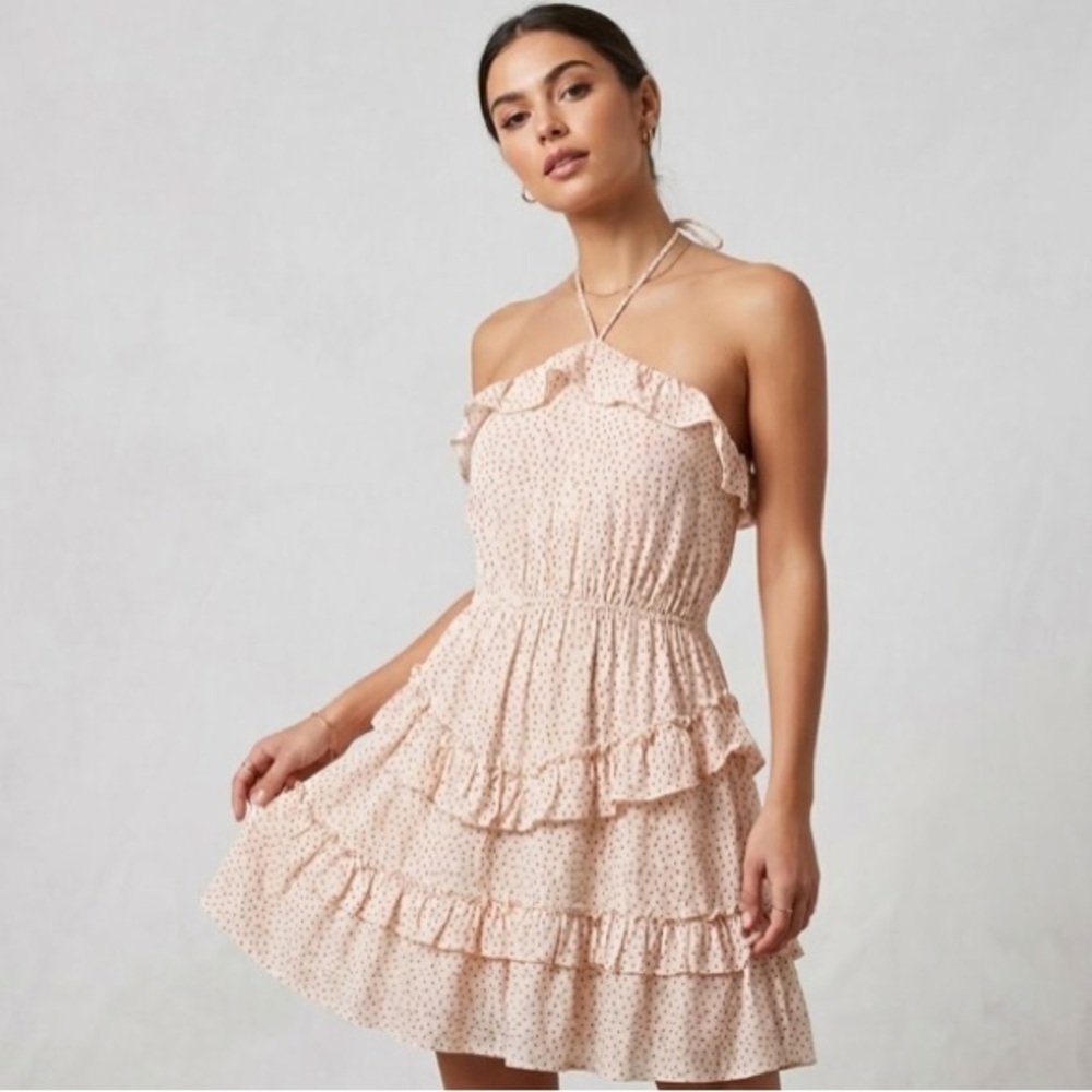 Sadie & Sage Halter Ruffle Tiered Mini Dress in Blush Polka Dot Small